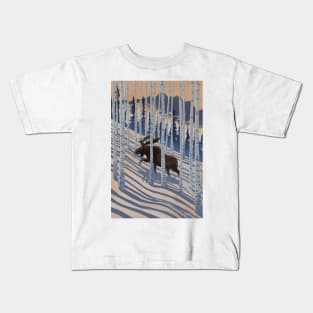 Scenic Winter Mountain Birch Forest and Moose Kids T-Shirt